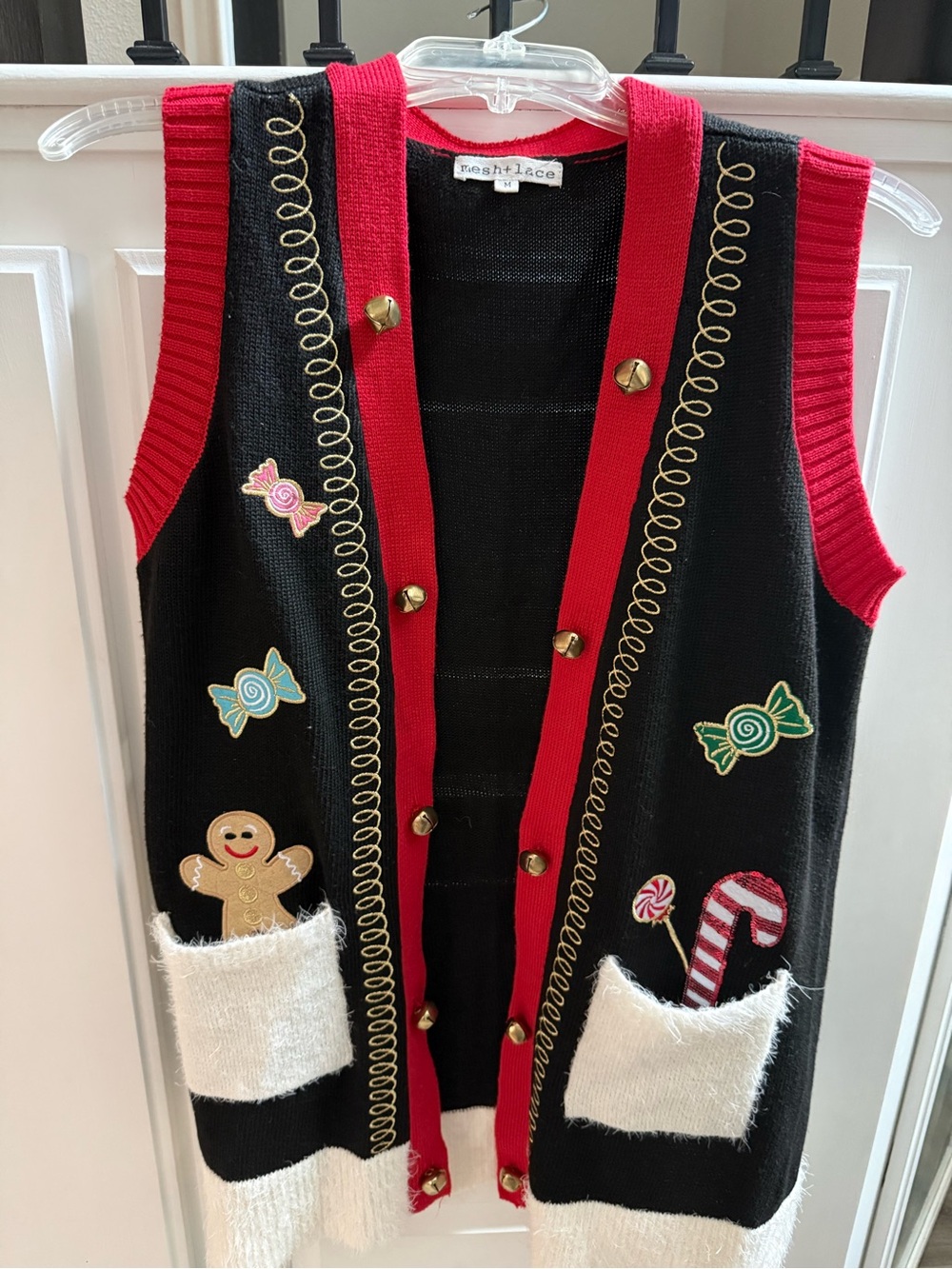 Festive Black & Red Holiday Sweater Vest‎ with Embroidered Candy Motifs